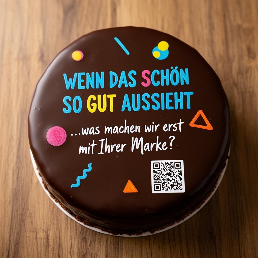 Sachertorte mit aufgedruckter Werbekampagne: „Wenn das schon so gut aussieht — was machen wir erst mit Ihrer Marke?“