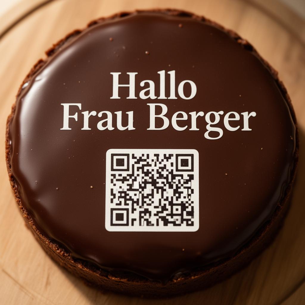 Macro-Aufnahme einer Sachertorte mit aufgedruckter Werbebotschaft 'Hallo Frau Berger' und QR-Code in weißer essbarer Tinte