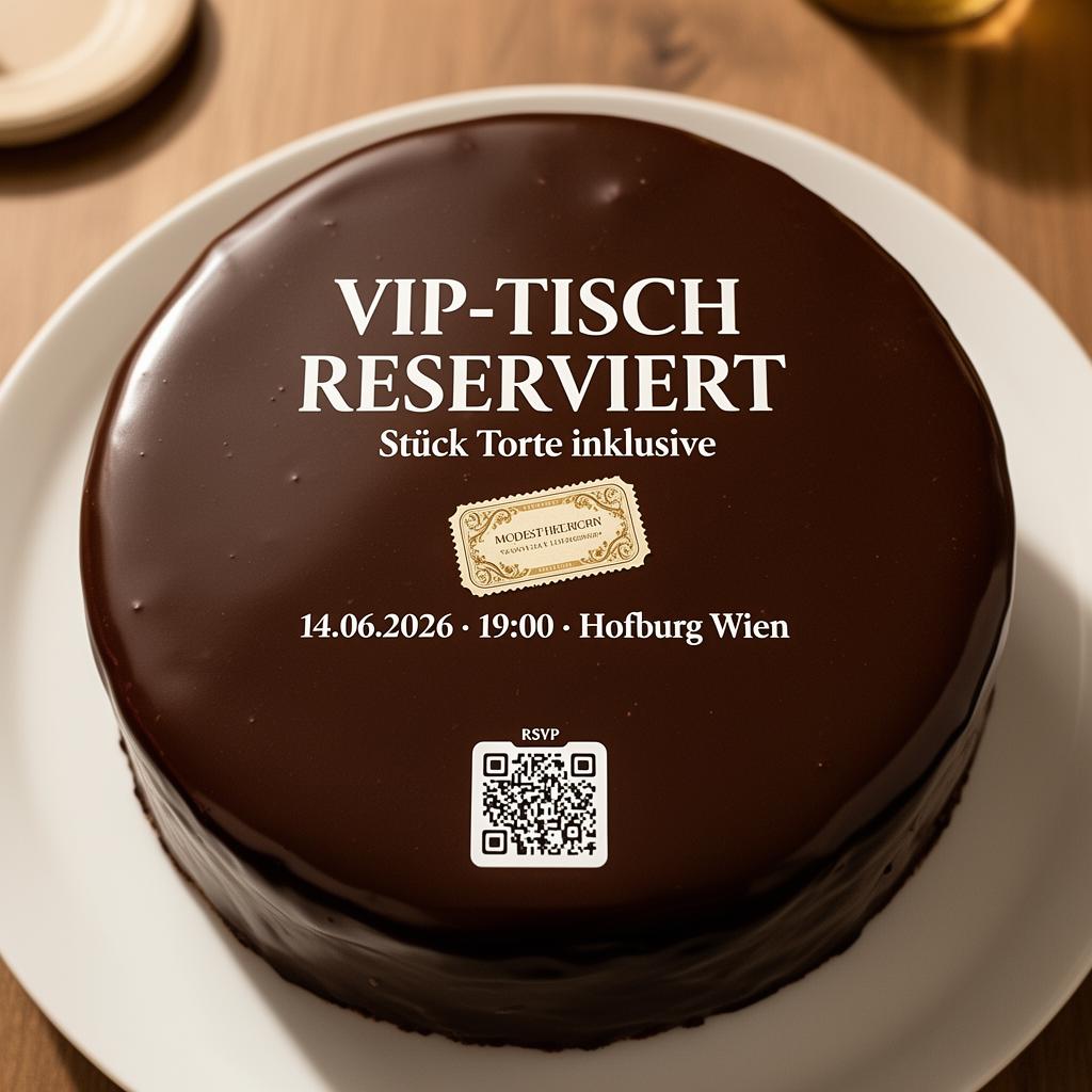 Sachertorte mit aufgedruckter Werbekampagne: „VIP-Tisch reserviert. Stück Torte inklusive.“