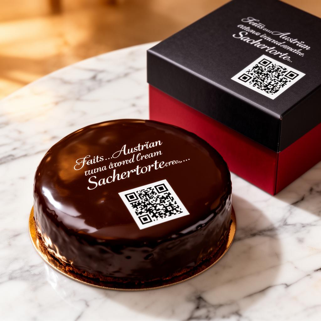Sachertorte mit bedrucktem Werbeslogan und QR-Code auf der Schokoladenglasur, daneben Premium-Geschenkbox
