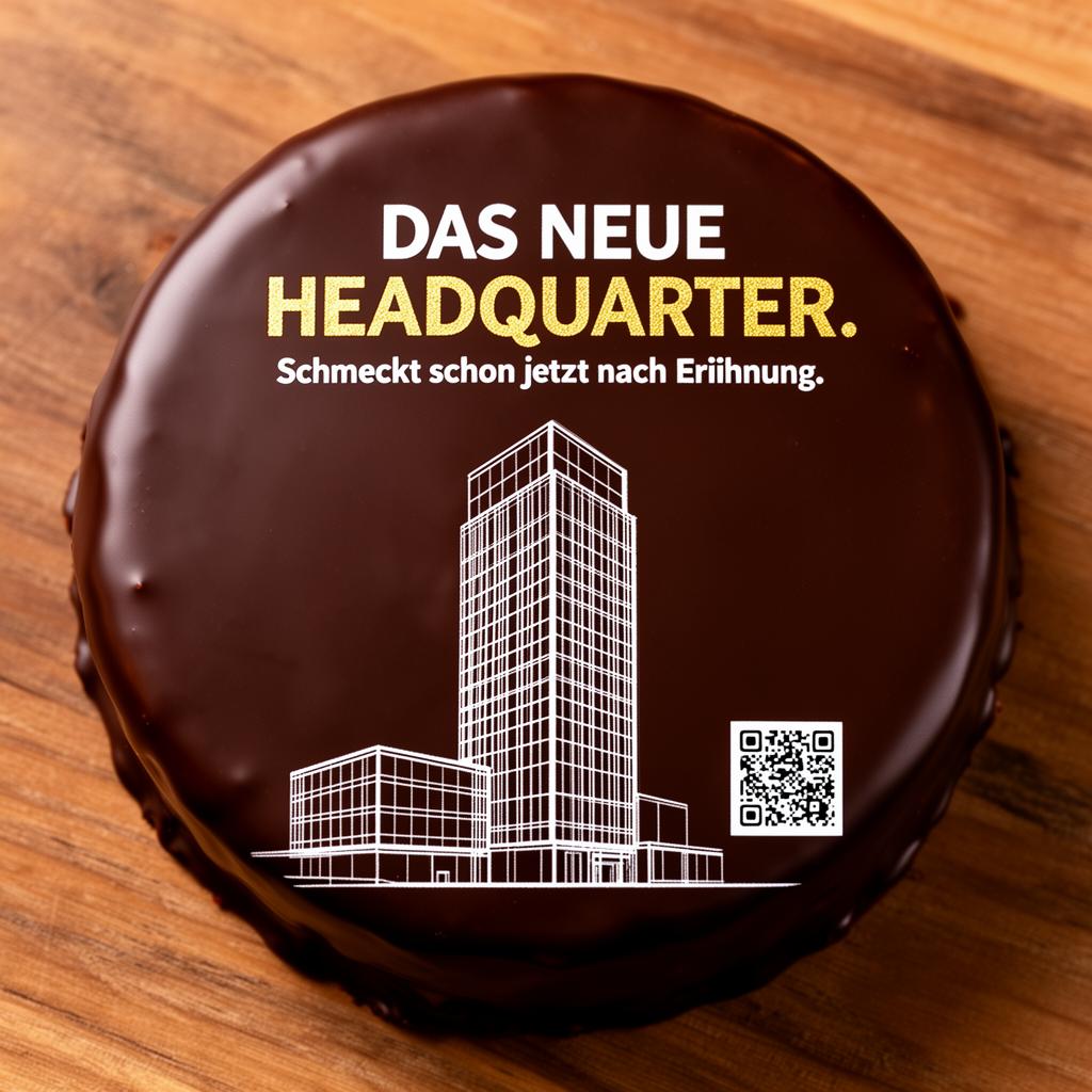 Sachertorte mit aufgedruckter Werbekampagne: „Das neue Headquarter. Schmeckt schon jetzt nach Eröffnung.“