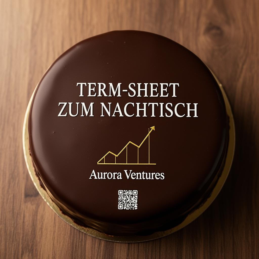 Sachertorte mit aufgedruckter Werbekampagne: „Term-Sheet zum Nachtisch.“