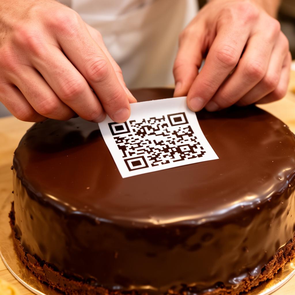 Konditor-Hände platzieren ein QR-Code-Druckblatt aus essbarer Lebensmitteltinte auf eine glänzende Sachertorte