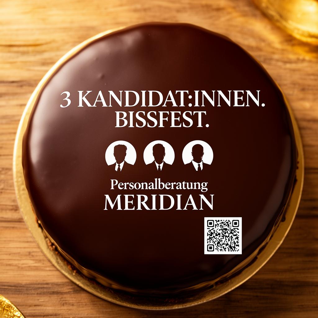 Sachertorte mit aufgedruckter Werbekampagne: „3 Kandidat:innen. Bissfest.“