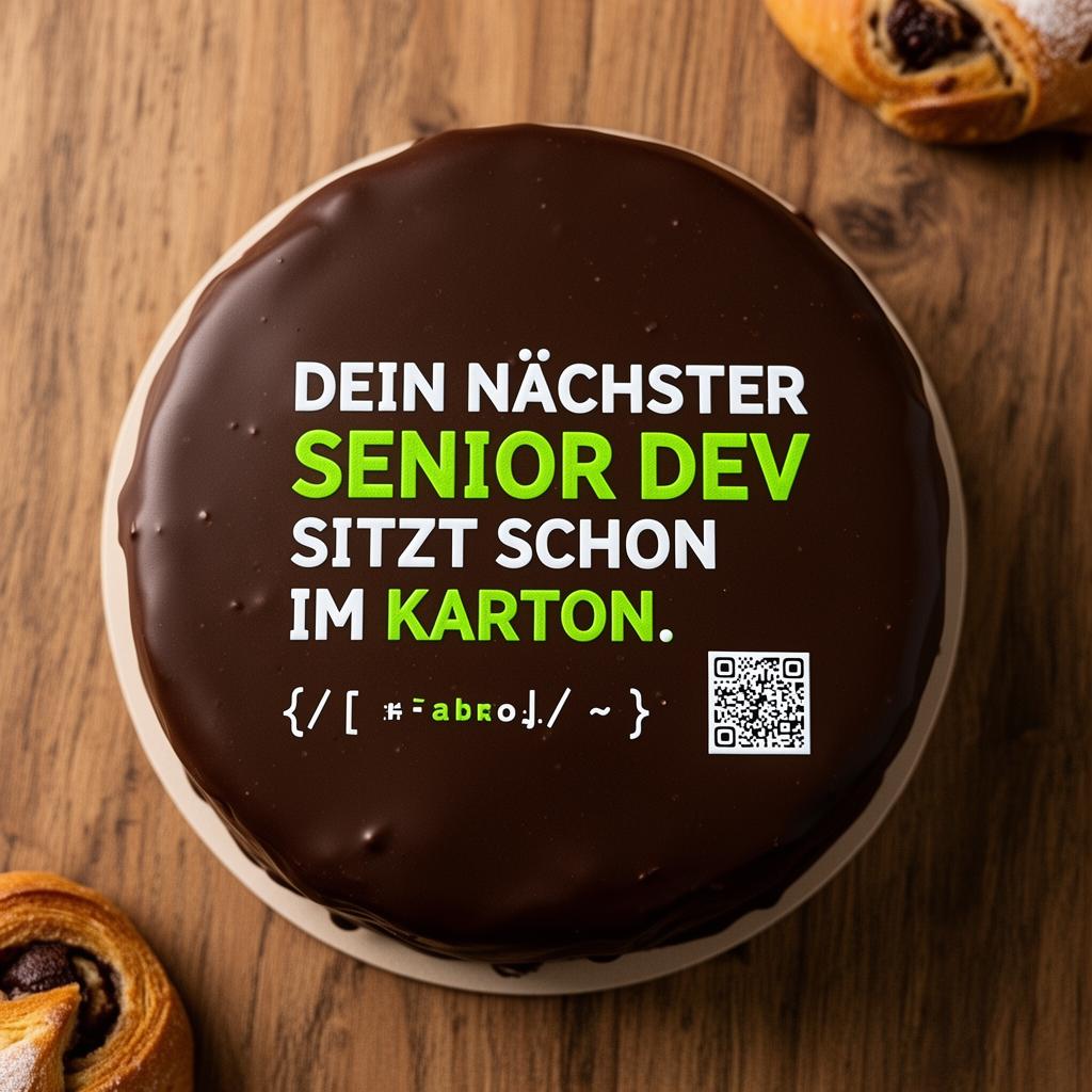 Sachertorte mit aufgedruckter Werbekampagne: „Dein nächster Senior Dev sitzt schon im Karton.“