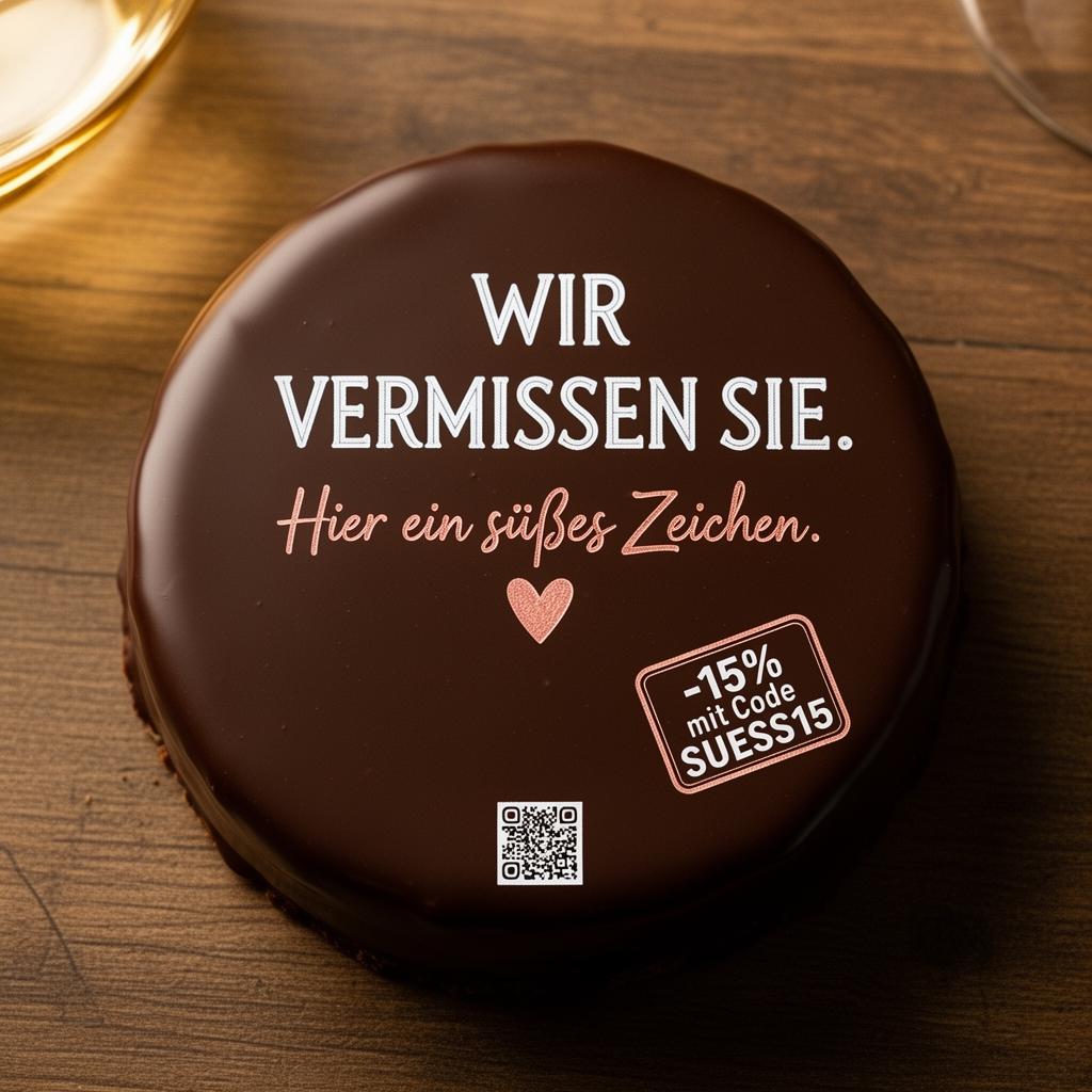 Sachertorte mit aufgedruckter Werbekampagne: „Wir vermissen Sie. Hier ein süßes Zeichen.“