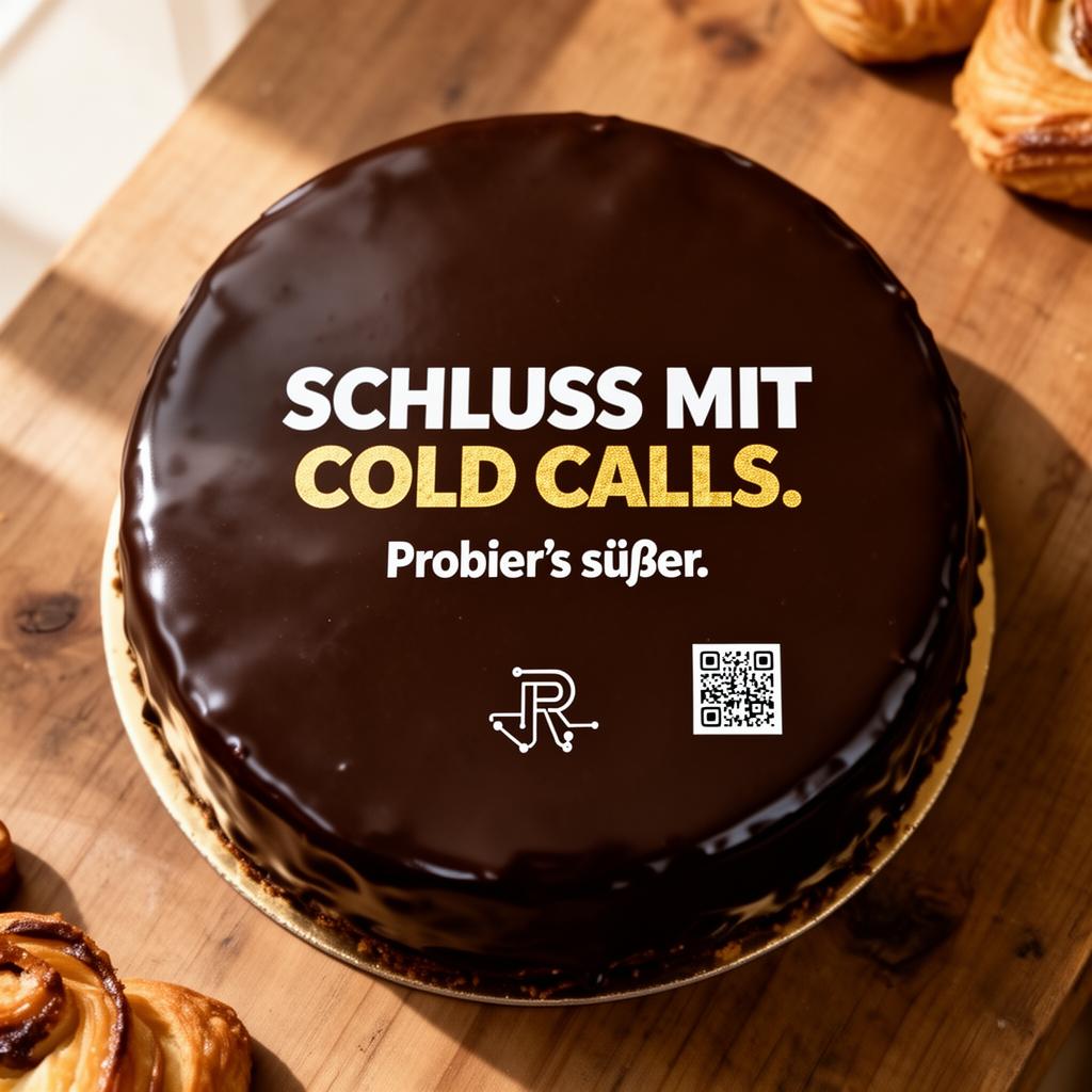 Sachertorte mit aufgedruckter Werbekampagne: „Schluss mit Cold Calls. Probier's süßer.“